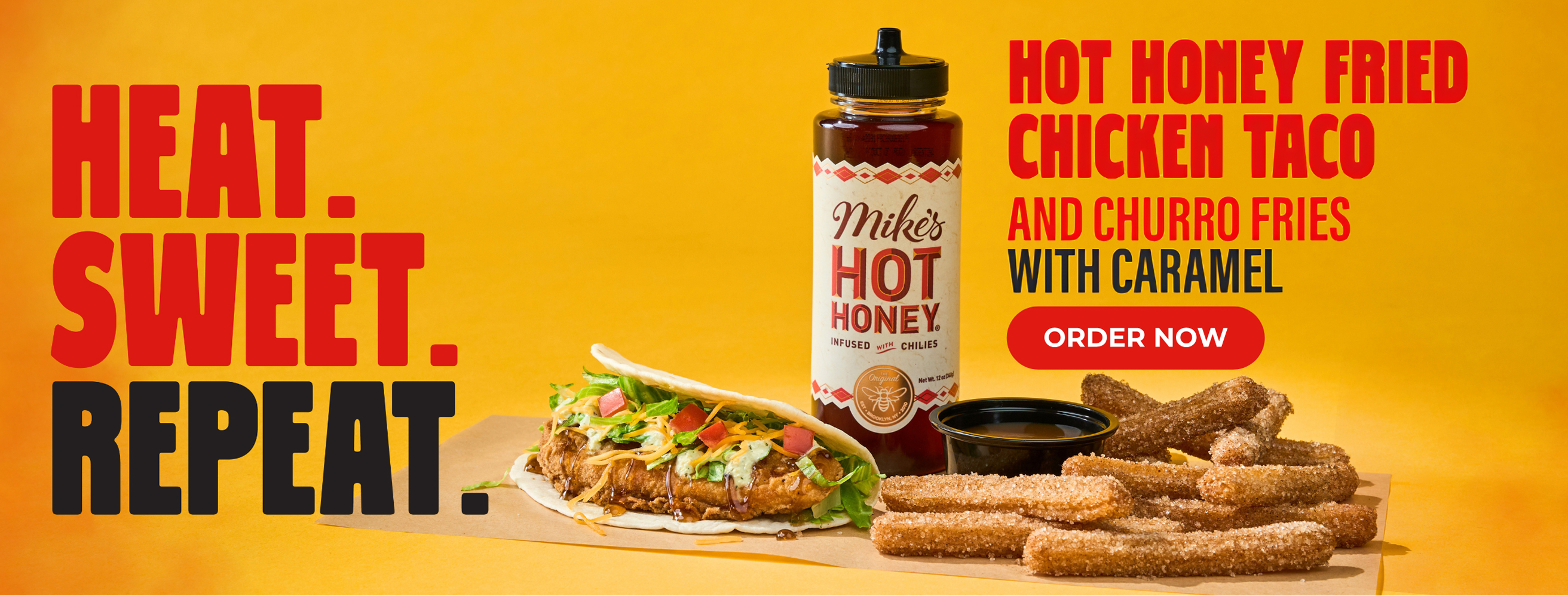 Heat. Sweet. Repeat. Hot honey fried chicken taco and churro fries with caramel.